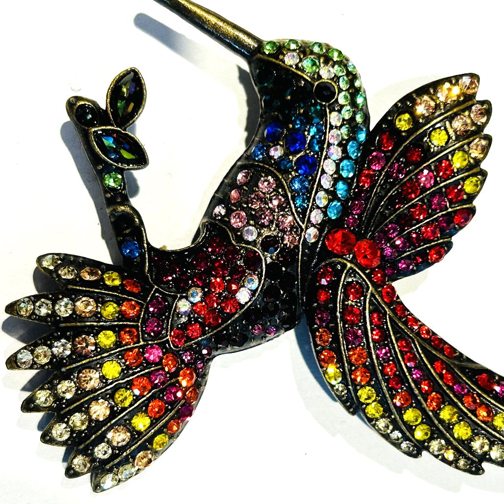 Vintage Multicolor Crystal Glass Rhinestone Hummingbird Brooch New Old Stock.